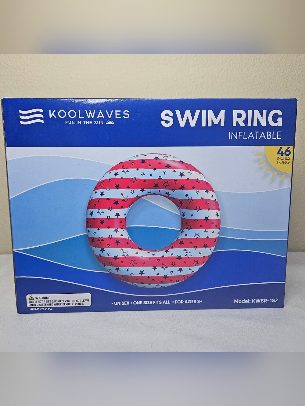 Koolwaves Patriotic Inflatable Swim Ring 46" NWT Red White Blue Stars Pool Float